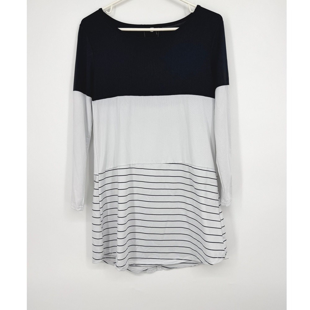 Womens Black White Colorblock Striped Long Sleeve Dress Lace Back Small